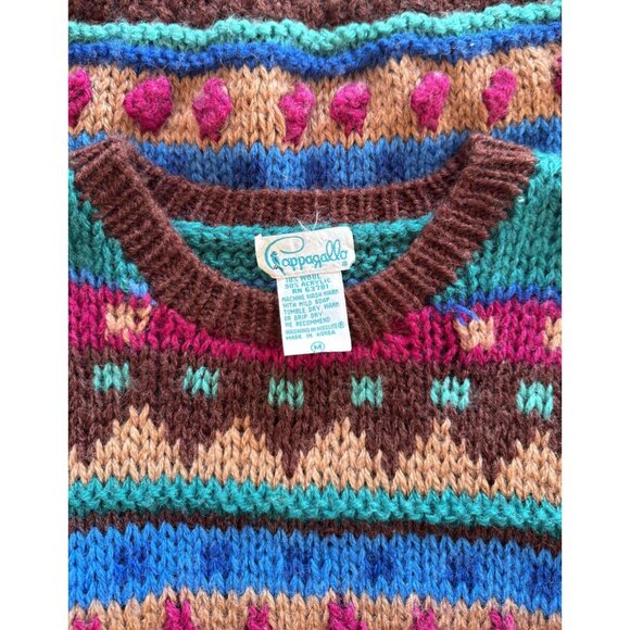 90s vintage multicolor striped polka dot pom poms textured chunky knit sweater - Picture 9 of 9